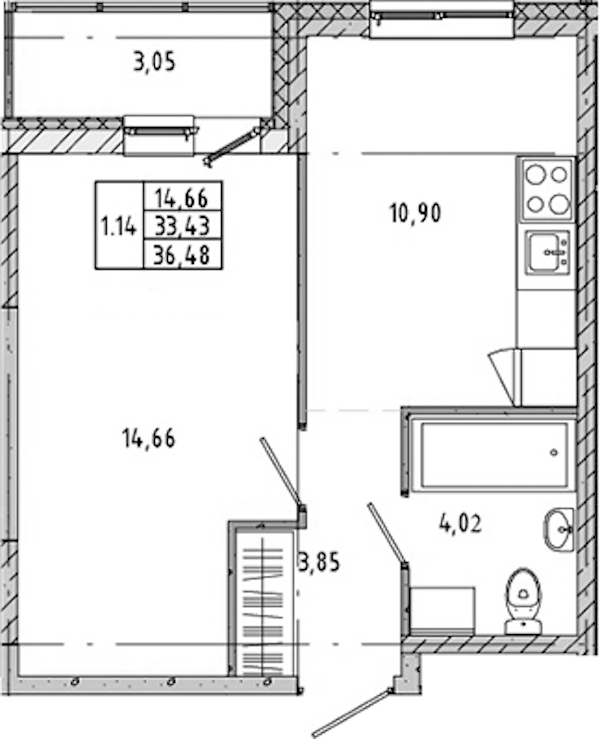 1-комнатная квартира 32.68 м², 14/17 эт., ЖК «Новые горизонты 2»